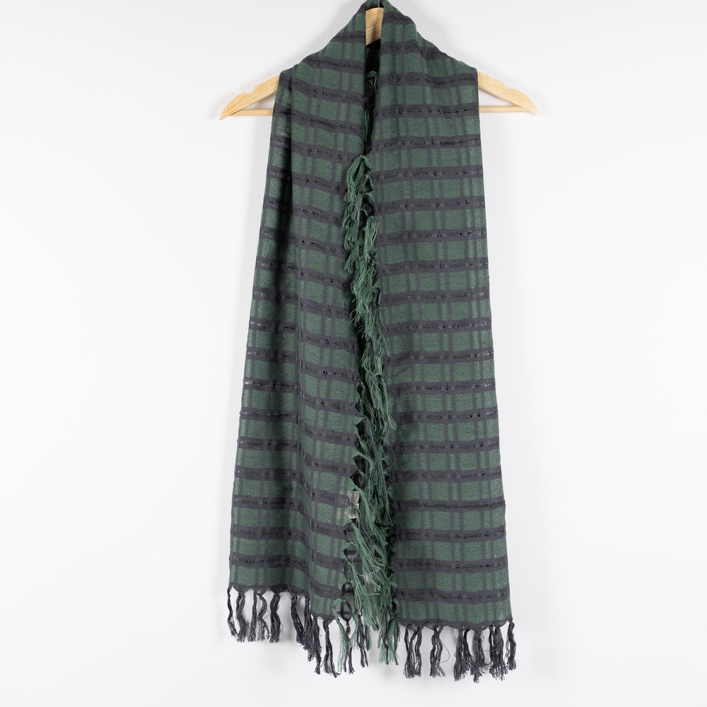 TARNISH Nordstrom Plaid Scarf Green‎ Black Fringe Lightweight